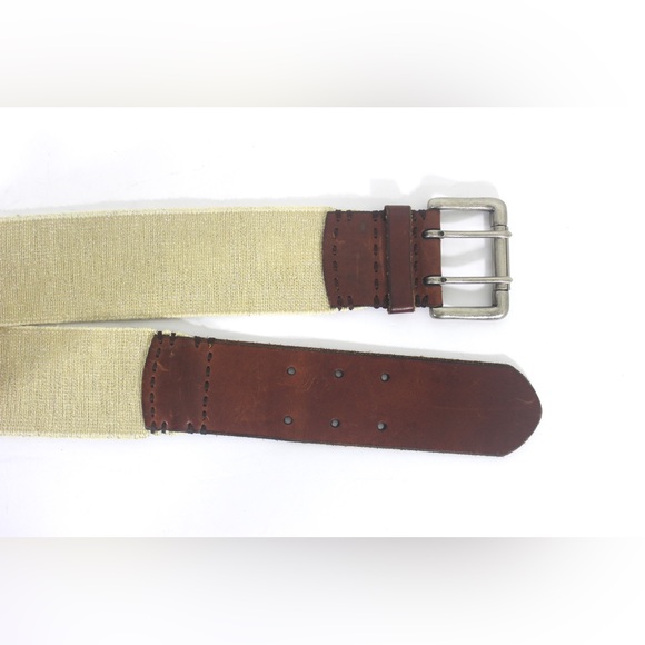 Wide Sparkly Beige Stretch Belt with Cognac Brown Leather Ends and Silver Buckle - Picture 3 of 8
